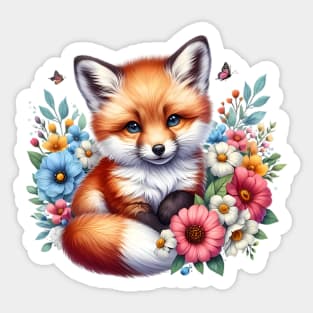 A red fox decorated with beautiful colorful flowers. Sticker